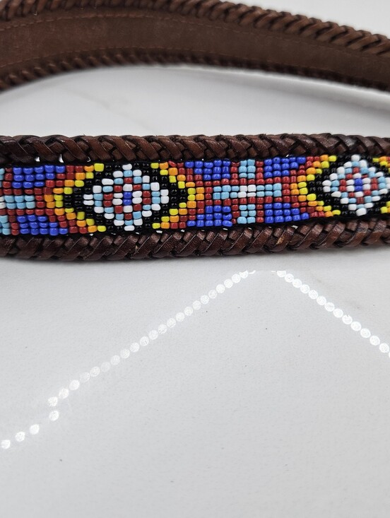Vtg LL Bean 1991 Braided Southwestern Western Beaded Brown  VTG LL Bean Southwestern Tribal Sead Beaded Brown Leather Braided Belt Sz 30 90s